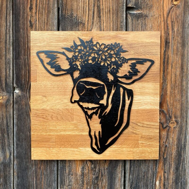 Holzschild Kuh mit Blumen
