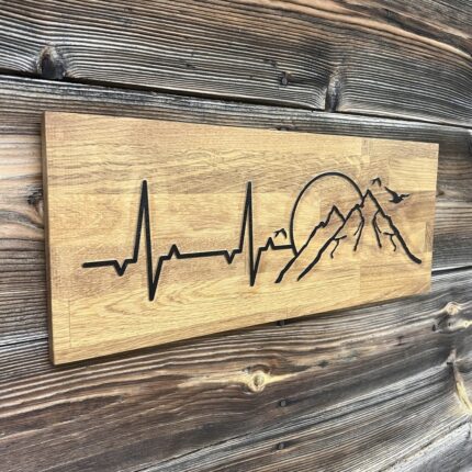 Wandbild Herzschlag Berge Holz